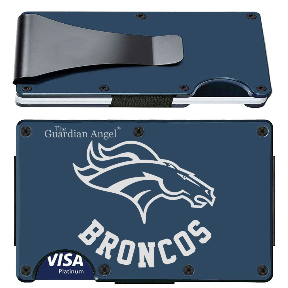 Denver Broncos Laser Engraved Blue Titanium Carbon Fiber RFID Blocking Wallet With Clip Or Strap