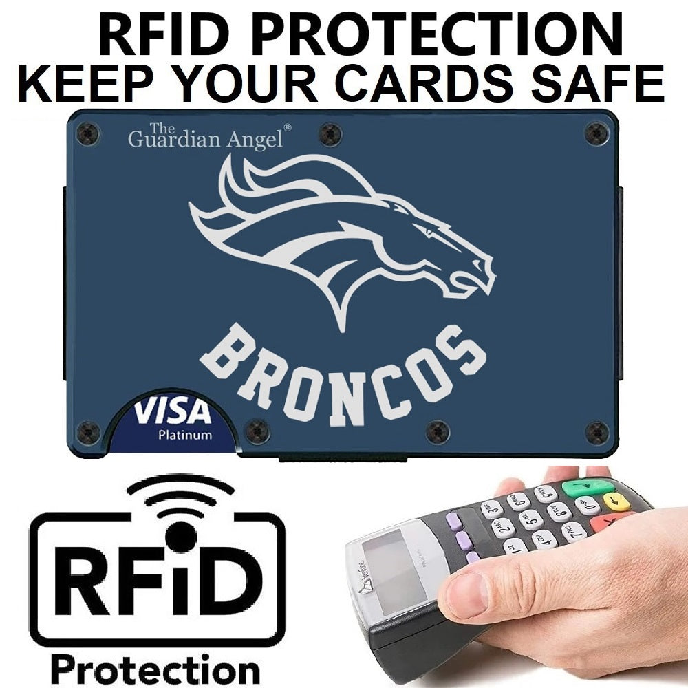 Denver Broncos Laser Engraved Blue Titanium Carbon Fiber RFID Blocking Wallet With Clip Or Strap