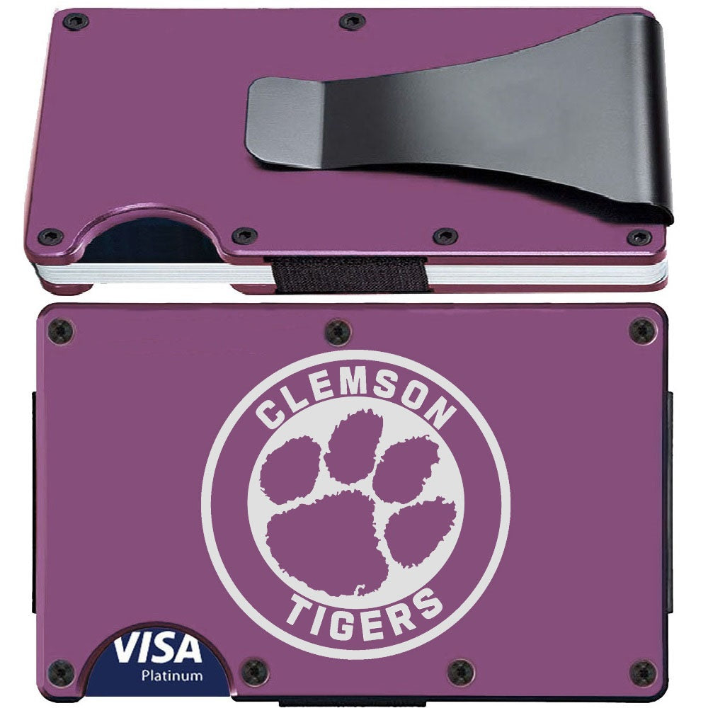 Clemson Tigers Titanium Carbon Fiber Purple RFID Blocking Wallet With Clip Or Strap
