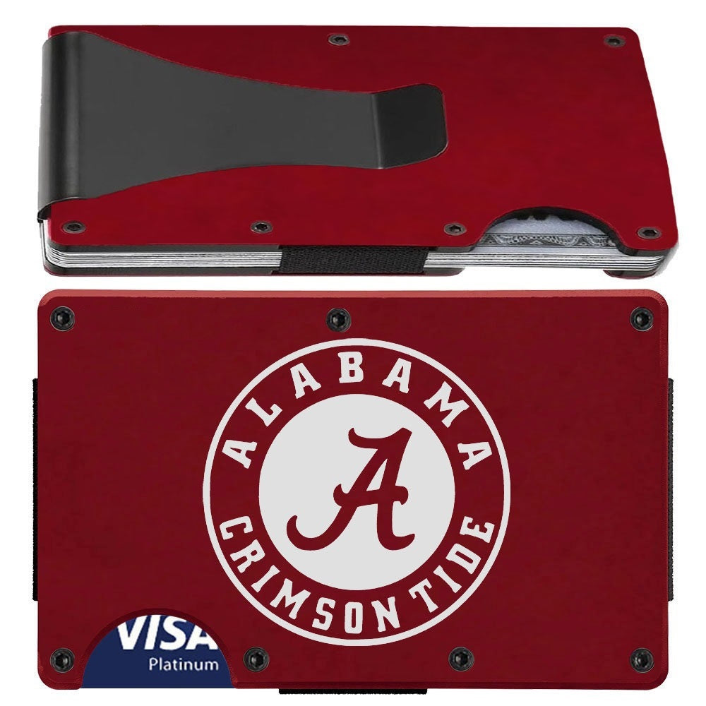 Alabama Crimson Tide Laser Engraved Titanium Carbon Fiber RFID Blocking Wallet With Clip Or Strap