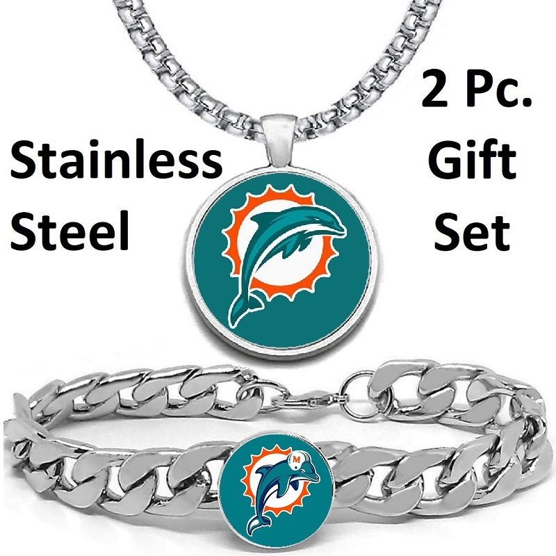 Special Retro Miami Dolphins Mens Gift Set Stainless 24" Necklace Bracelet D4D30