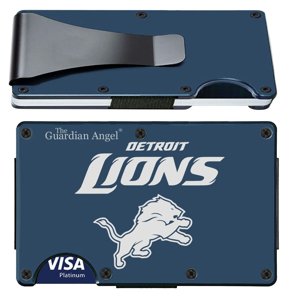 Detroit Lions Laser Engraved Blue Titanium Carbon Fiber RFID Blocking Wallet With Clip Or Strap