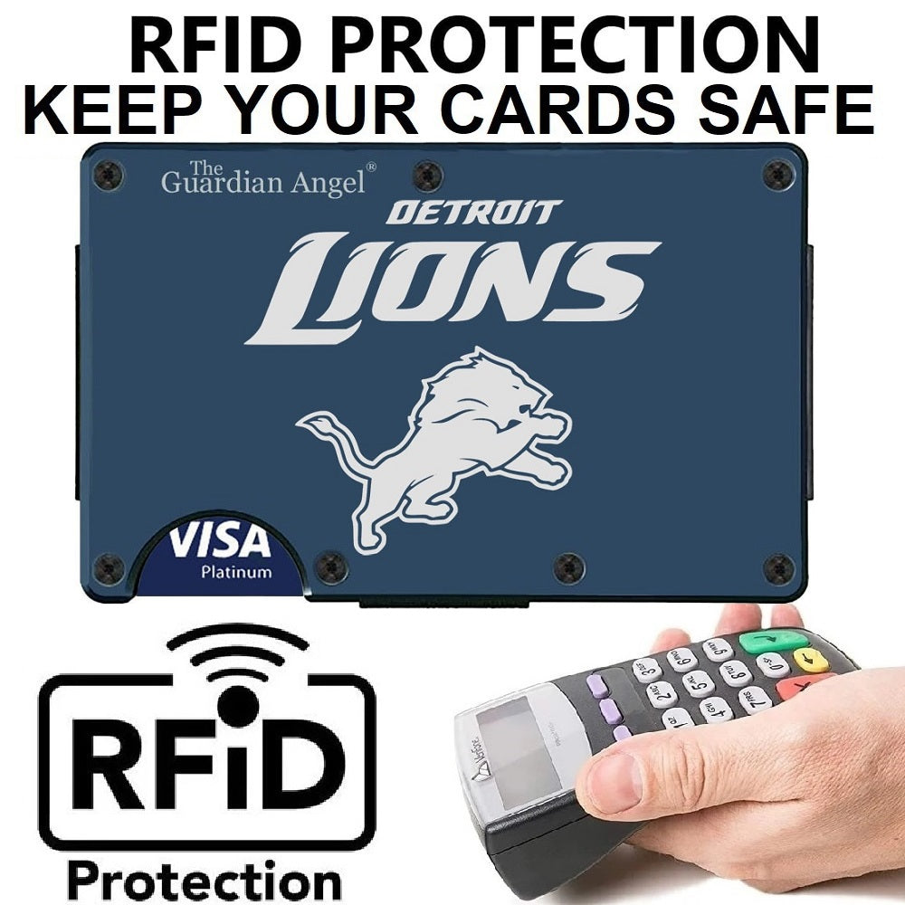 Detroit Lions Laser Engraved Blue Titanium Carbon Fiber RFID Blocking Wallet With Clip Or Strap