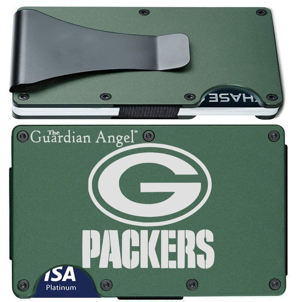 Green Bay Packers Laser Engraved Green Titanium Carbon Fiber RFID Blocking Wallet With Clip or Strap