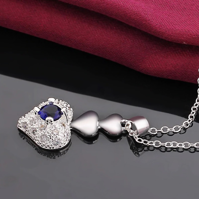 Women's 24" 925 Sterling Silver Chain Necklace With Sapphire Heart Pendant D816