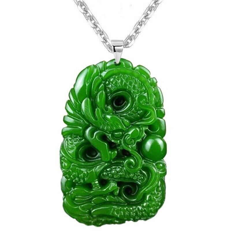 925 Sterling Silver 24" Necklace And Burmese Jadeite Jade Dragon Pendant D908