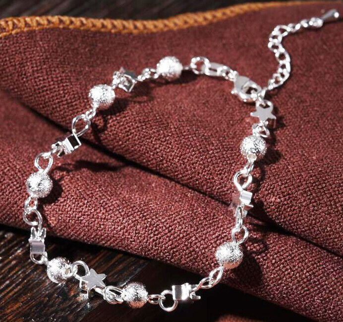 2 PcSet 925 Sterling Silver Womens Chain Bead Star Anklet Ankle Bracelet D705