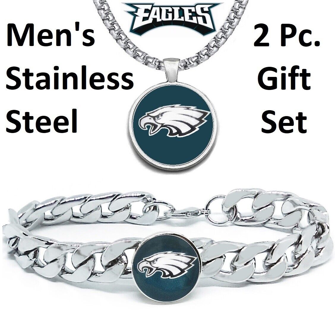 Large Philadelphia Eagles Mens Gift Set Stainless 24" Necklace Bracelet D4D30