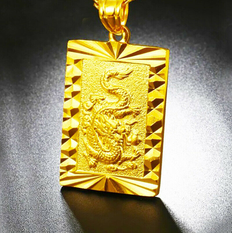 24k Yellow Gold Dragon Pendant And Wave Link Chain 20" Mens Women Necklace D451W