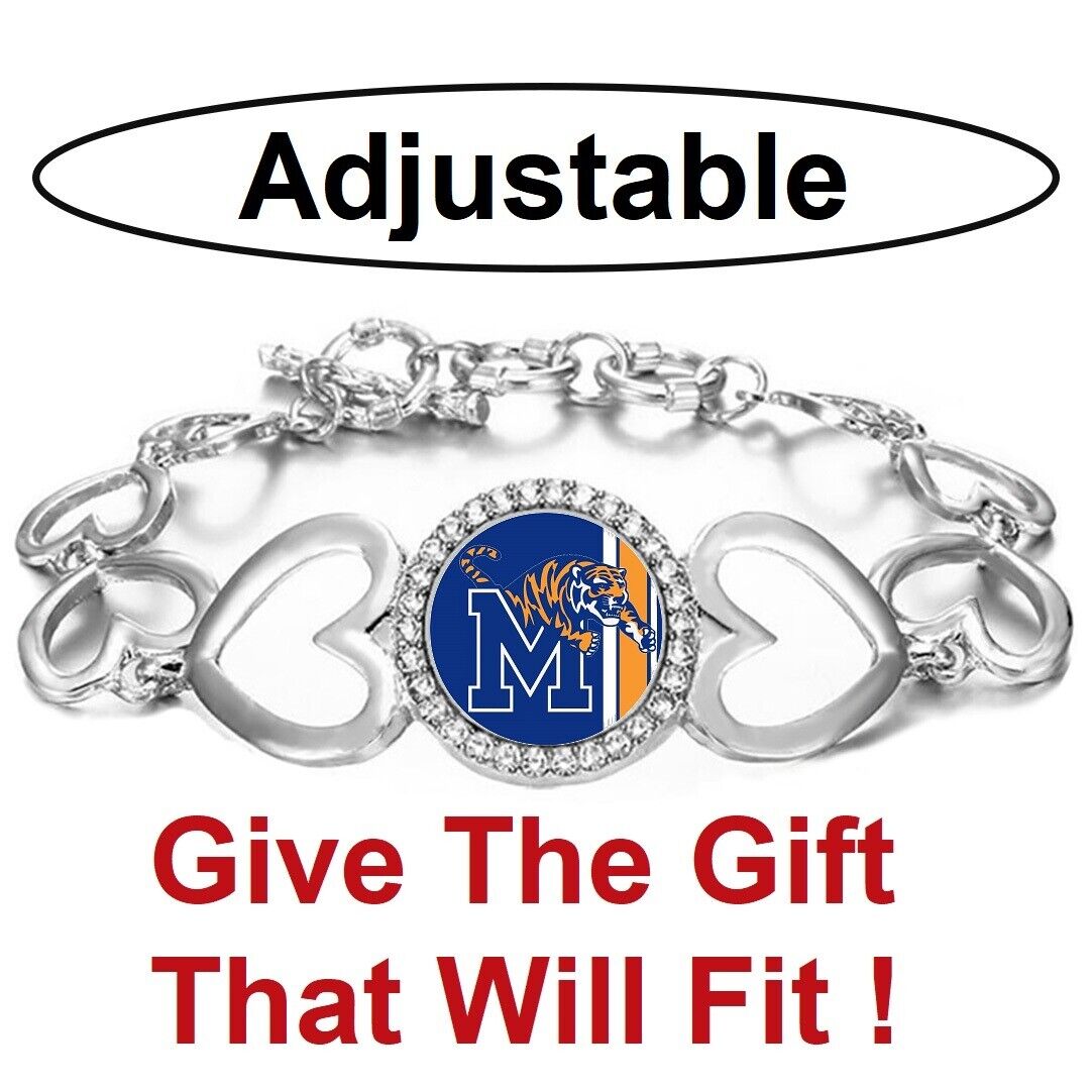 Memphis Tigers Womens Silver Heart Link Adjust. Bracelet W Giftpkg D27