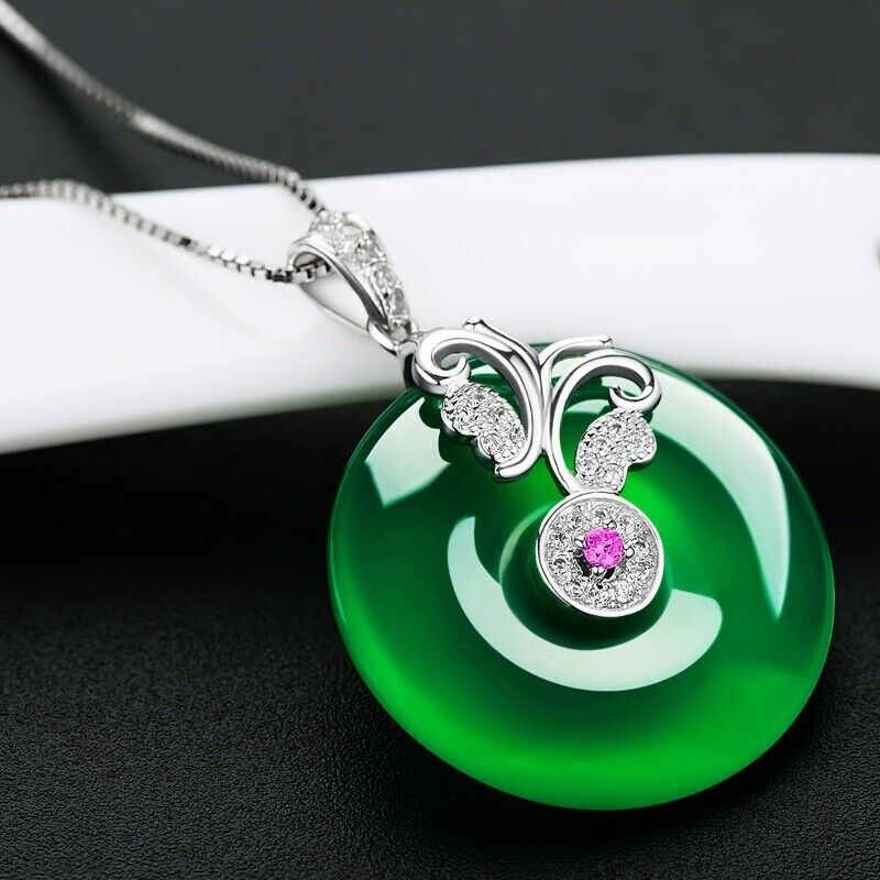 Womens 925 Sterling Silver Burmese Green Jade Butterfly Chakra Pendant Necklace