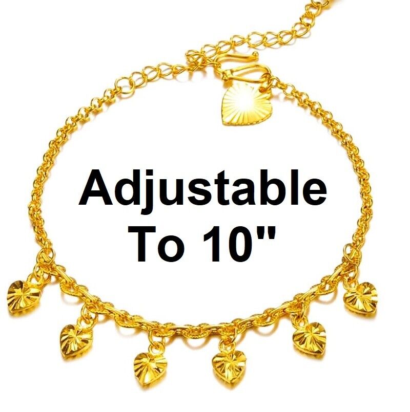 18k Yellow Gold Womens Large Adjust to 10" Heart Dangle Bracelet w Gift Pkg D797