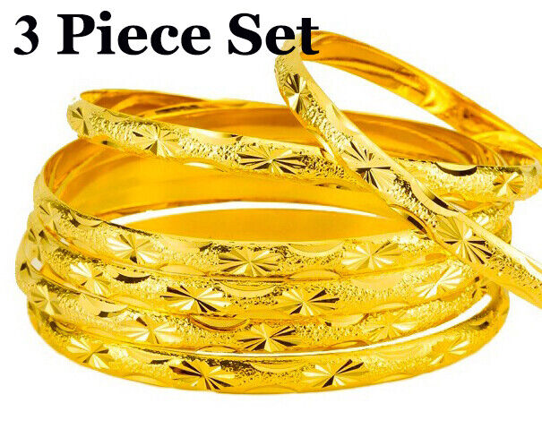 3 Pc Set 18k Yellow Gold Italy Star Cut Womens Slip On Bracelets Bangles D4168