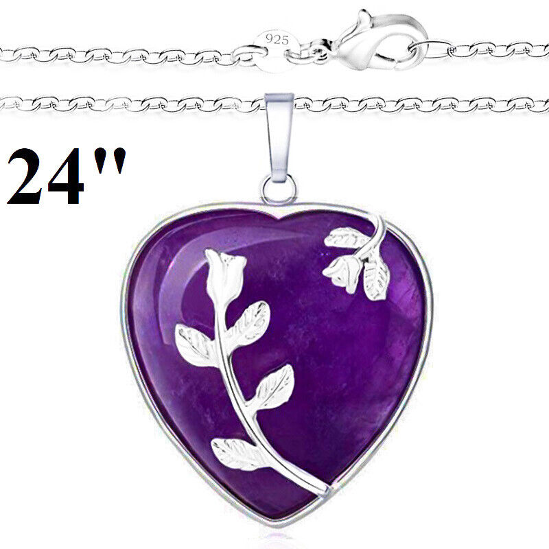 925 Sterling Silver Womens 24" Necklace And Amethyst Heart Pendant D838A