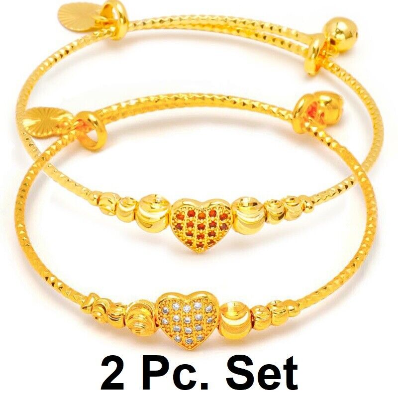 2 PcSet 24k Gold Womens Adjust. 7" to 8" Valentine Heart Charm Bracelets Bangles