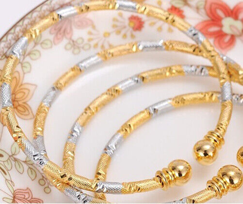 18k Yellow Gold And Silver Womens Two Tone Adjustable Bracelet Bangle D711B