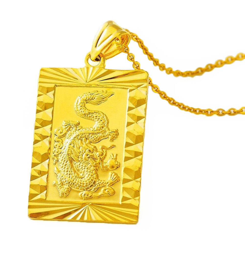 24k Yellow Gold Dragon Pendant With 30" Rolo Chain Link Necklace w GiftPG D451R