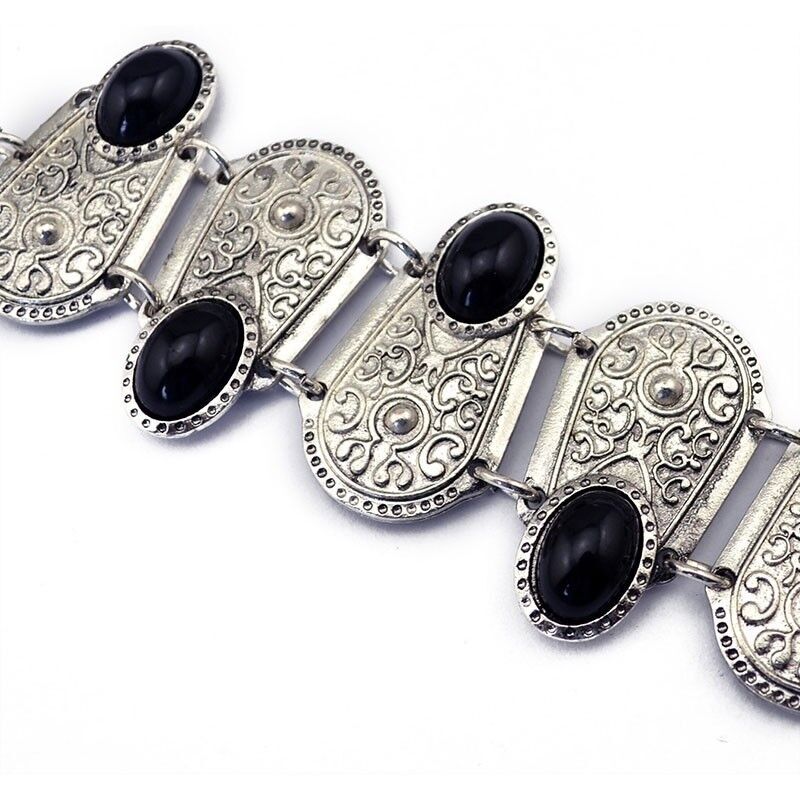 Tibetian Sterling Silver Wide Bracelet Gun Metal Black Stones +GiftPk D591