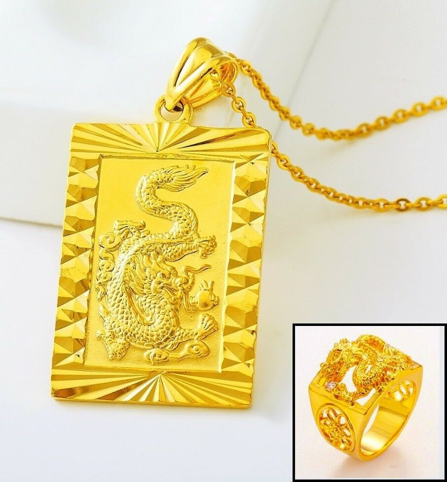 3 Pc 24K Gold Dragon 7 8 9 10 11 Ring Pend. Necklace Men Womens Size 20" 24" 30"