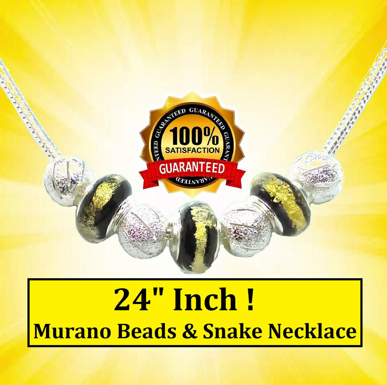 Mother's Day 925 Sterling Silver Murano Sterling Beads Chain Necklace +GiftPkg
