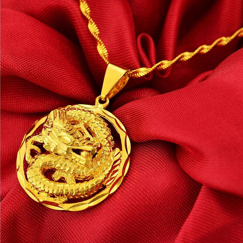 18k Yellow Gold Womens Mens Dragon Pendant Link Chain 20" Necklace wGiftPk D772