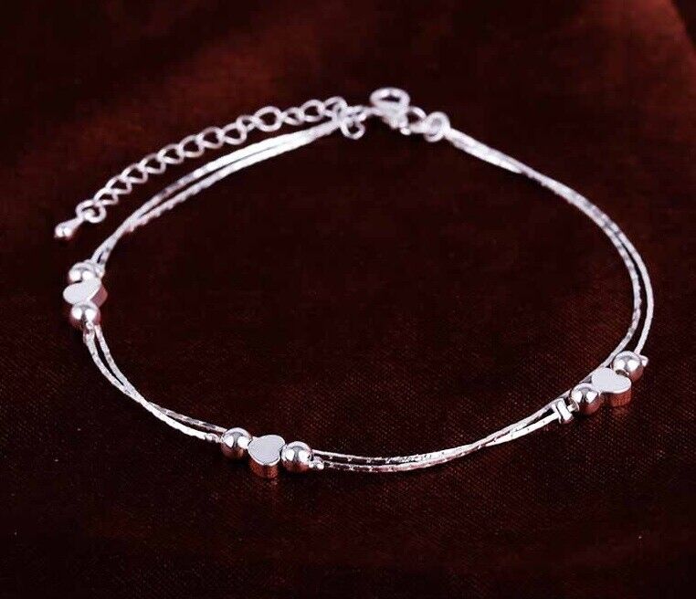 925 Sterling Silver Womens Chain 8" To 10" Hearts Layer Anklet Bracelet D671