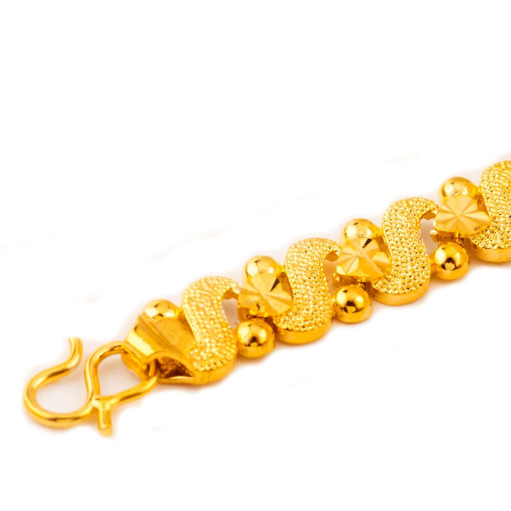 24k Yellow Gold Womens Bracelet Linked Hearts Beads Chain 8mm Wide D899