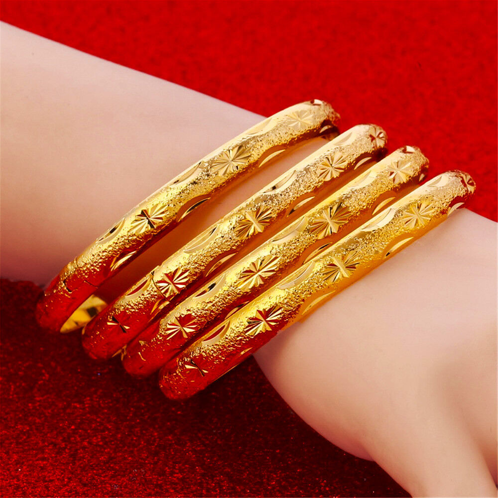 2 Piece Set 18k Yellow Gold Bracelet Bangle Womens Elegant Starburst Design D660