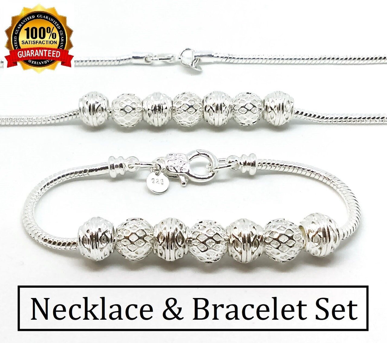 925 Sterling Silver Snake Chain 20" Necklace With Beaded Bracelet