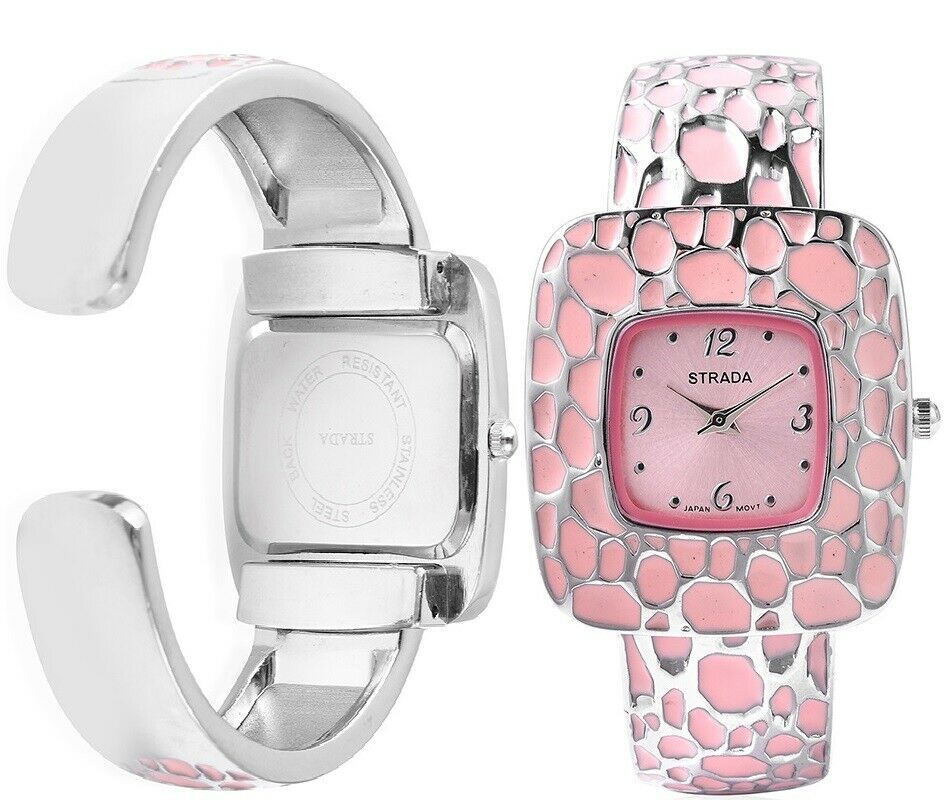 Womens STRADA Pink Japanese Movement Stainless Cuff Bangle Bracelet Watch D847