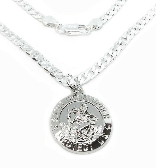 925 Sterling Silver Womens 24"  Link Chain Necklace With St Saint Christopher