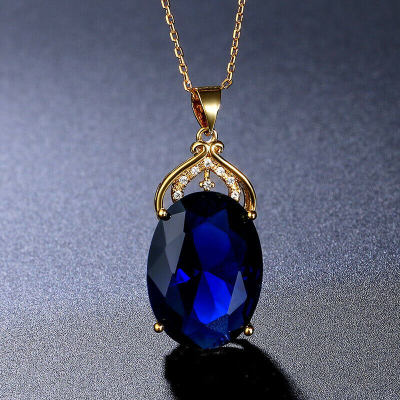 Women's 18K Yellow Gold Chain Necklace With Blue Sapphire Cushion Pendant D963