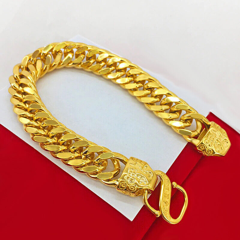 24k Gold Mens Engraved Dragon Filled Blessing 8" Chain Sanskrit Bracelet D799