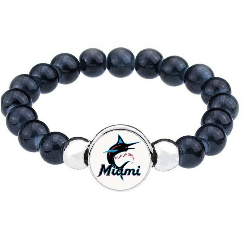 Miami Marlins Women'S Mens Black Bead Chain Bracelet Jewelry W Gift Pkg D1