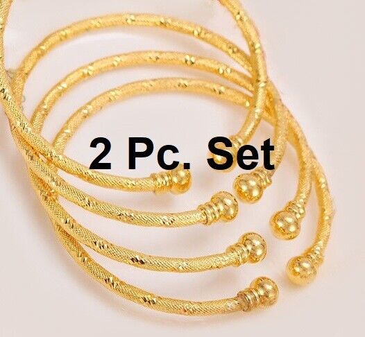 2 PcSet 18k Yellow Gold Women's Adjustable Bangle Diamond Cut Bracelet D712