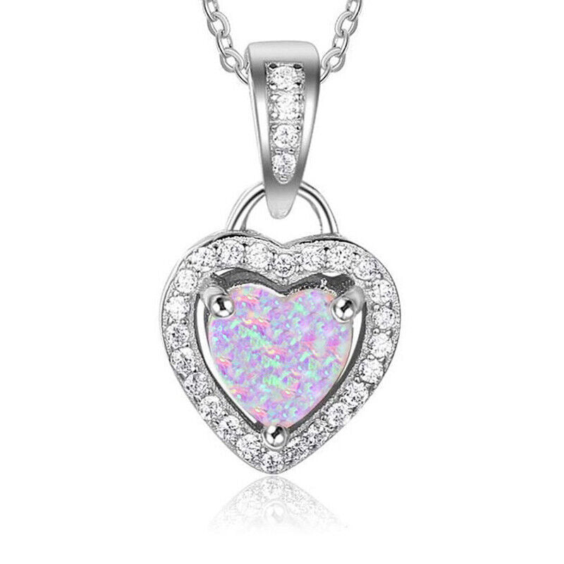 925 Sterling Silver Womens Pink Fire Opal Chain Link Heart Pendant Necklace D681