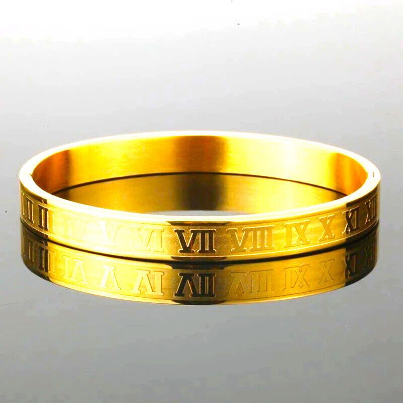 18k Gold 7.5" Mens Womens Roman Numbers Oval Opening 8mm Bracelet Bangle D989