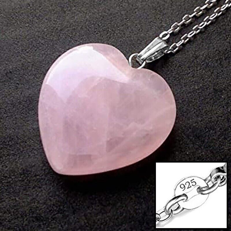 925 Sterling Silver 18" Chain Necklace Natural Rose Quartz CHAKRAS Pendant D835