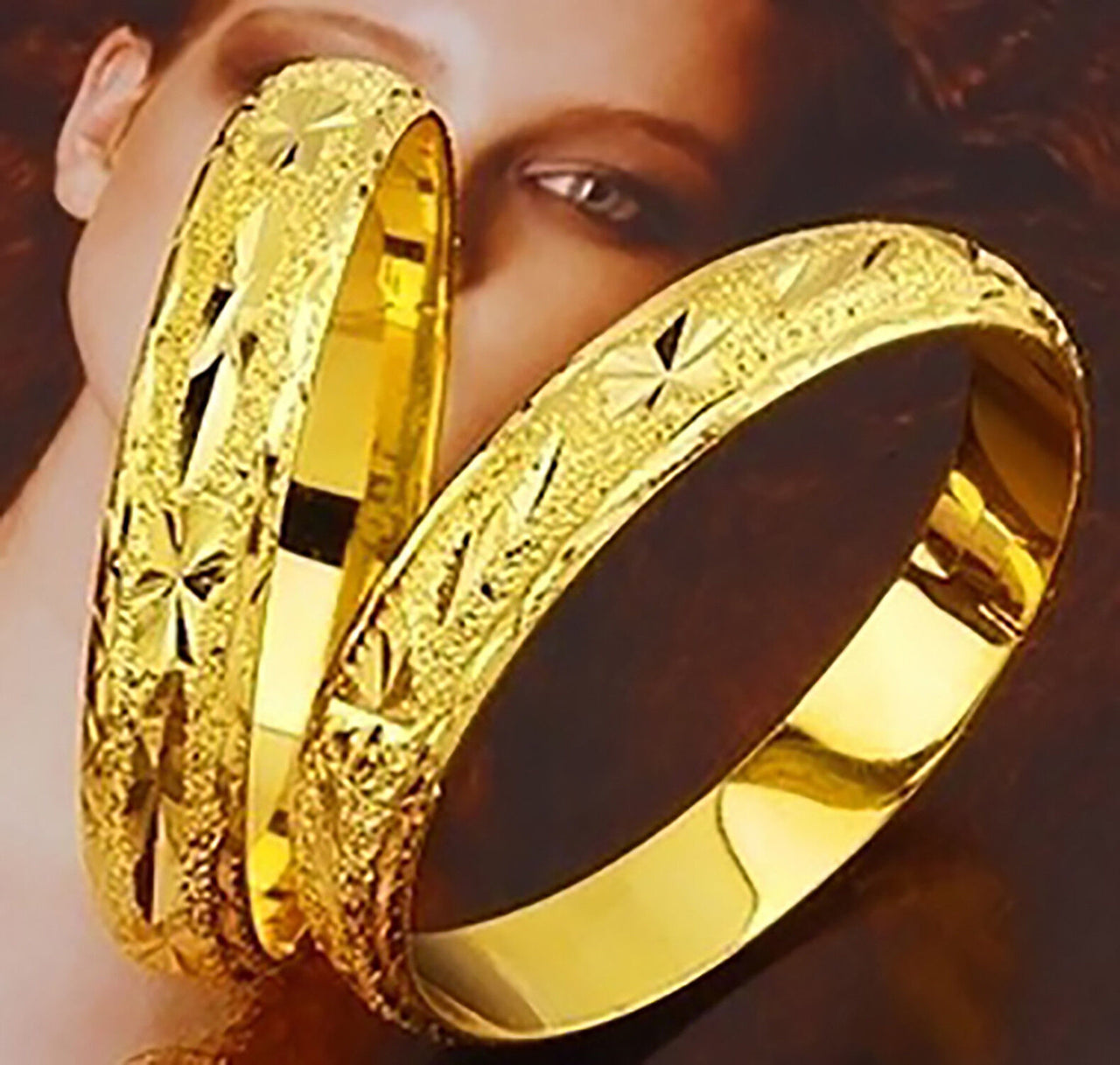 2 PcSet 18k Gold Women's Large 7-3/4" Opening Bangle Bracelets 10mm D623M