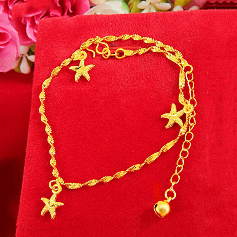 18k Yellow Gold Womens Starfish Chain Anklet Bracelet Adjustable To 10.5" D922