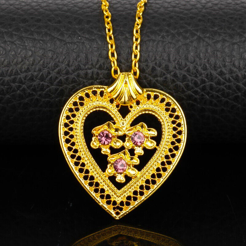 18k Yellow Gold Womens Necklace And PurpleCZ Elegant Heart Pendant D716