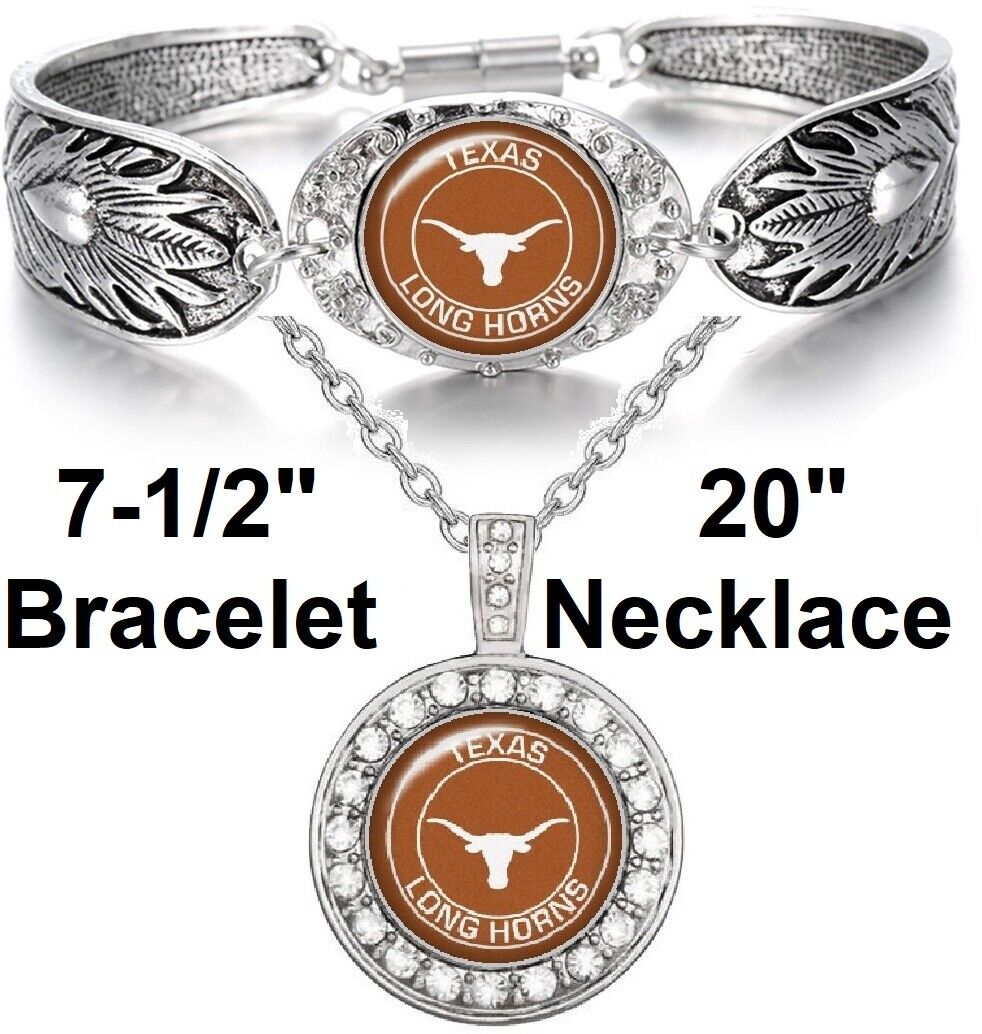 Texas Longhorns 925 Sterling Silver Necklace And Bracelet Set State D3D18