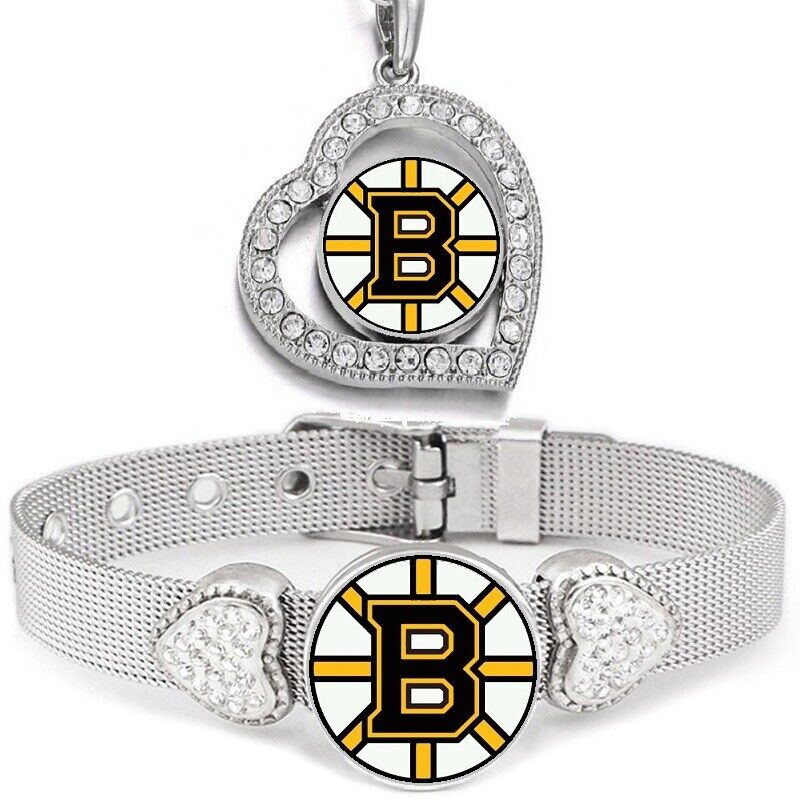 2 Pc Gift Set Womens Boston Bruins Sterling Silver Necklace With Bracelet D19D26