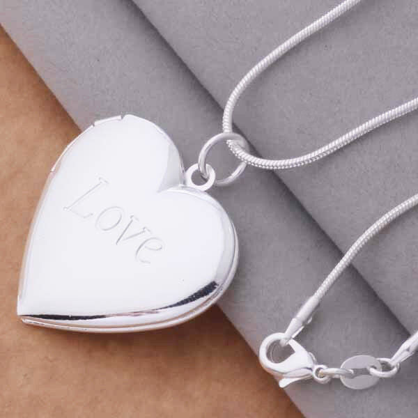 925 Sterling Silver Womens 20" Snake Chain Necklace And Heart Photo Locket D641C