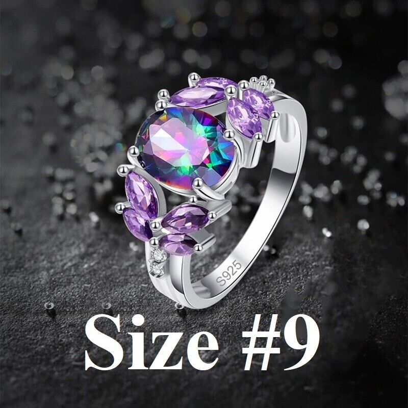 Solid 925 Sterling Silver Women's Amethyst Butterfly Rainbow Flower Ring D819