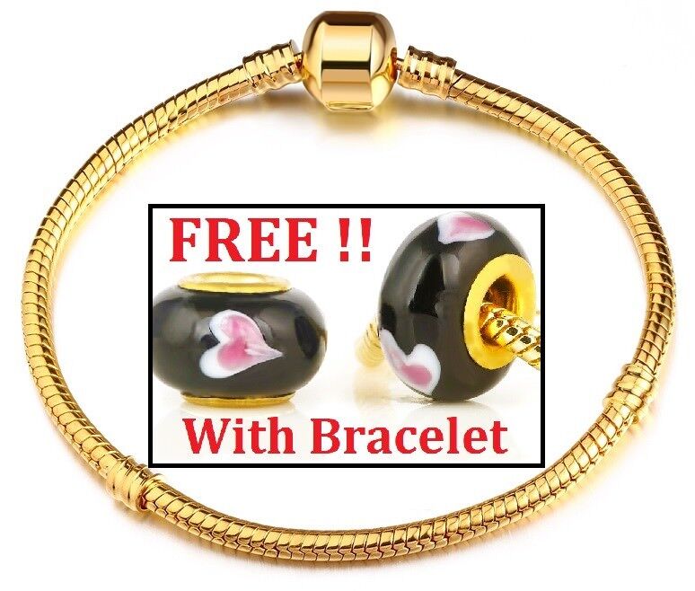 Mother's Day Special Womens 18k Gold Barrel Bracelet & 2 Free Murano Heart Beads
