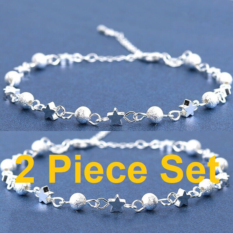 2 Pc. Set 925 Sterling Silver Womens Bead Star Chain Anklet Ankle Bracelet D705