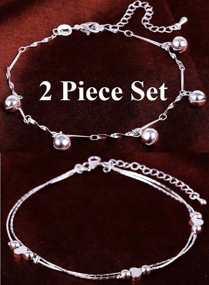 2 Pc Set 925 Silver Womens Heart Bells Anklets Bracelets Adj. 8.5-10.5" D689D671