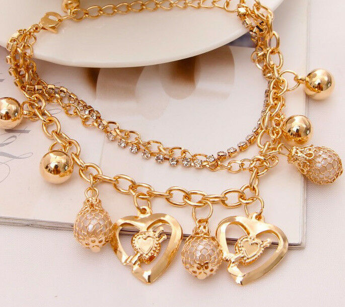 18k Gold Bracelets Bangle Womens Lady Heart Pearl Bell Multi Layer +GiftPkg D107