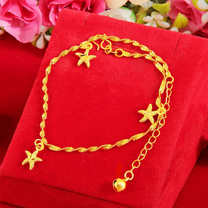 18k Yellow Gold Womens Adjusts To 10" Dangle Starfish Anklet Ankle Bracelet